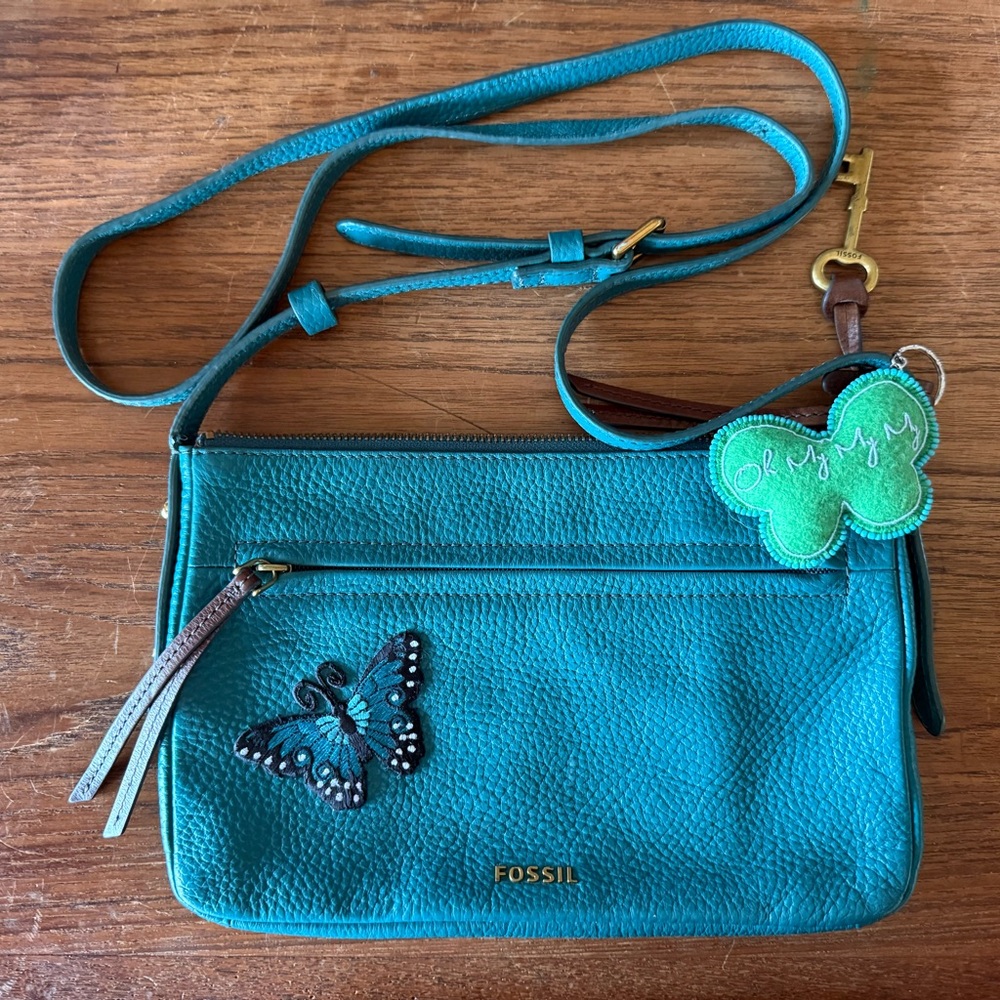 Fossil Turquoise Crossbody Bag with Taylor Swift Debut coded patches and bag tag